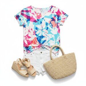 T by Talbots Women Medium Abstract Floral Knot Front Top Cutout Back Casual Chic